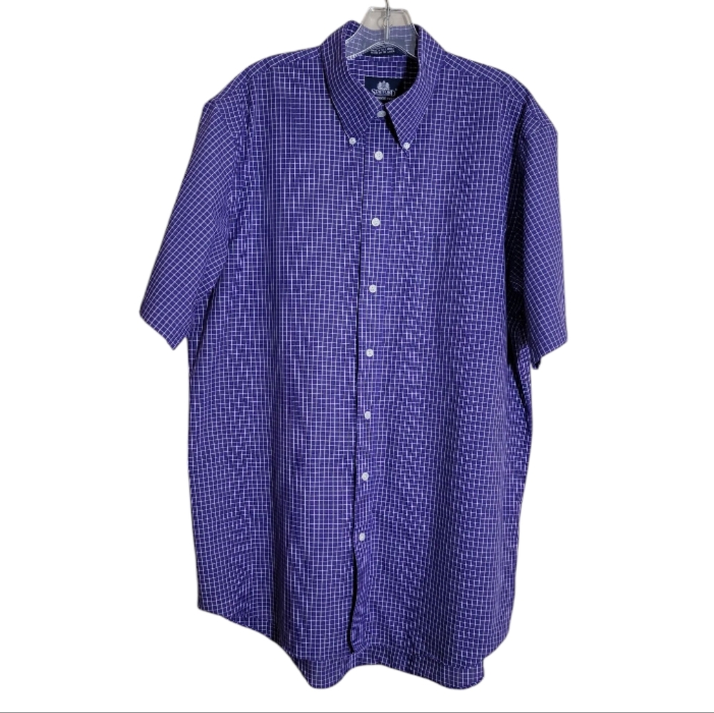 Stafford wrinkle free men's purple white plaid button up shirt short sleeve 16.5